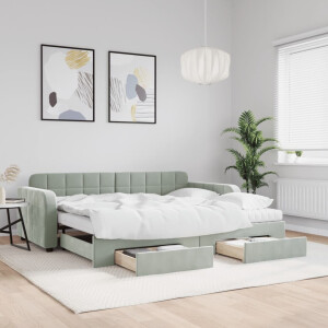 vidaXL Slaapbank onderschuifbed en lades 90x200 cm fluweel lichtgrijs