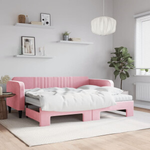 vidaXL Slaapbank onderschuifbed en matrassen 90x200 cm fluweel roze
