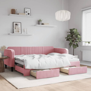 vidaXL Slaapbank met onderschuifbed en lades 80x200 cm fluweel roze