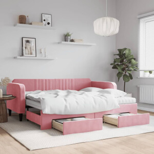 vidaXL Slaapbank met onderschuifbed en lades 90x200 cm fluweel roze