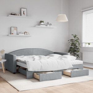 vidaXL Slaapbank met onderschuifbed en lades 90x190 cm stof lichtgrijs