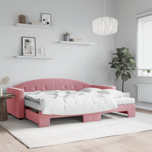 vidaXL Slaapbank onderschuifbed en matrassen 80x200 cm fluweel roze