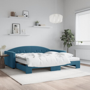 vidaXL Slaapbank onderschuifbed en matrassen 100x200 cm fluweel blauw