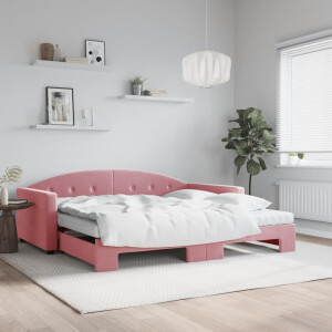 vidaXL Slaapbank onderschuifbed en matrassen 100x200 cm fluweel roze