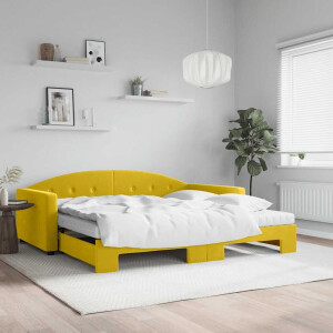 vidaXL Slaapbank onderschuifbed en matrassen 100x200 cm fluweel geel