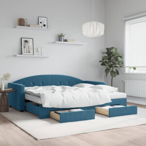 vidaXL Slaapbank met onderschuifbed en lades 90x200 cm fluweel blauw