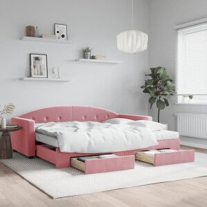 vidaXL Slaapbank met onderschuifbed en lades 90x200 cm fluweel roze