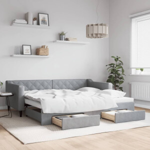 vidaXL Slaapbank met onderschuifbed en lades 90x200 cm stof lichtgrijs
