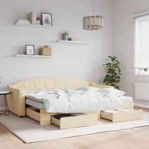 vidaXL Slaapbank met onderschuifbed en lades 80x200 cm stof crèmekleur