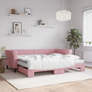 vidaXL Slaapbank onderschuifbed en matrassen 90x200 cm fluweel roze