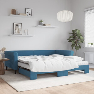 vidaXL Slaapbank onderschuifbed en matrassen 100x200 cm fluweel blauw