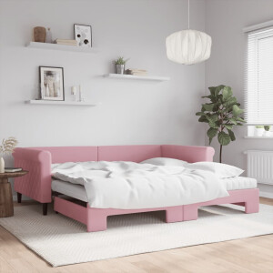 vidaXL Slaapbank onderschuifbed en matrassen 100x200 cm fluweel roze