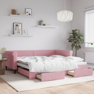 vidaXL Slaapbank met onderschuifbed en lades 100x200 cm fluweel roze