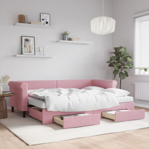 vidaXL Slaapbank met onderschuifbed en lades 80x200 cm fluweel roze