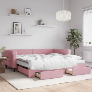 vidaXL Slaapbank met onderschuifbed en lades 100x200 cm fluweel roze