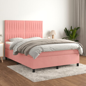 vidaXL Boxspring met matras fluweel roze 140x200 cm
