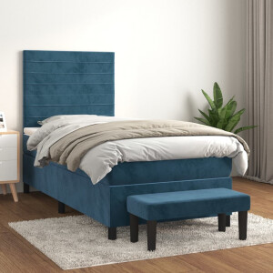 vidaXL Boxspring met matras fluweel donkerblauw 90x200 cm