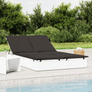 vidaXL Ligbed met kussens 2-persoons poly rattan wit