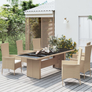vidaXL Tuintafel met glazen blad poly rattan en gehard glas beige