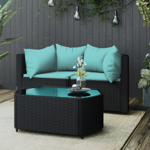 vidaXL 3-delige Loungeset met kussens poly rattan zwart