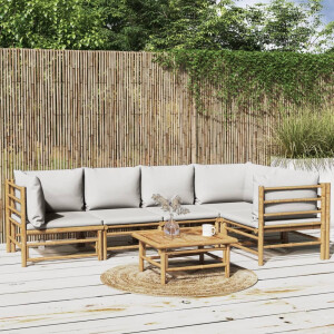 vidaXL 6-delige Loungeset met kussens bamboe lichtgrijs