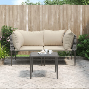 vidaXL 3-delige Loungeset met kussens poly rattan grijs