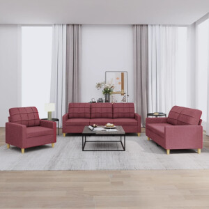 vidaXL 3-delige Loungeset met kussens stof wijnrood