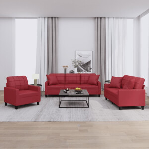 vidaXL 3-delige Loungeset met kussens kunstleer wijnrood