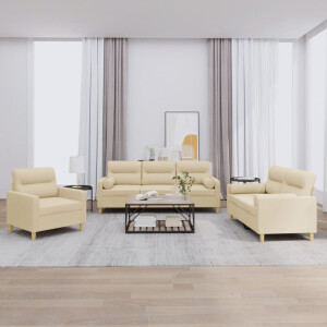 vidaXL 3-delige Loungeset met kussens stof crèmekleurig