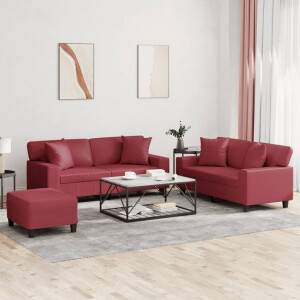 vidaXL 3-delige Loungeset met kussens kunstleer wijnrood