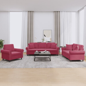 vidaXL 3-delige Loungeset met kussens fluweel wijnrood