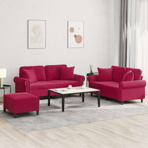 vidaXL 3-delige Loungeset met kussens fluweel wijnrood