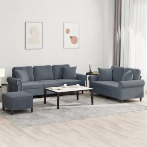 vidaXL 3-delige Loungeset met kussens fluweel donkergrijs