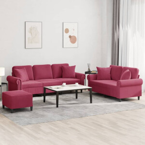vidaXL 3-delige Loungeset met kussens fluweel wijnrood