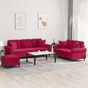 vidaXL 3-delige Loungeset met kussens fluweel wijnrood