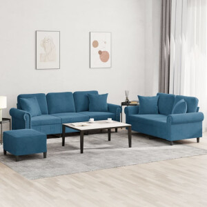 vidaXL 3-delige Loungeset met kussens fluweel blauw