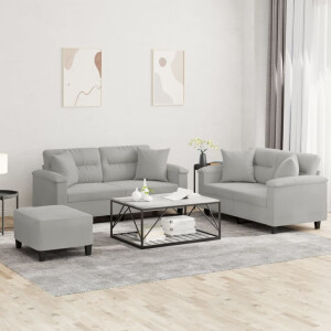 vidaXL 3-delige Loungeset met kussens microvezelstof lichtgrijs