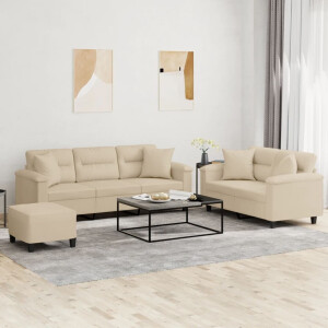 vidaXL 3-delige Loungeset met kussens microvezelstof crèmekleurig