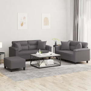 vidaXL 3-delige Loungeset met kussens kunstleer grijs