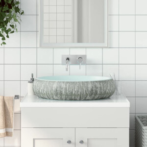 vidaXL Opzetwasbak ovaal 59x40x15 cm keramiek grijs en blauw