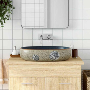 vidaXL Opzetwasbak ovaal 59x40x14 cm keramiek zandkleurig en blauw