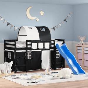 vidaXL Kinderhoogslaper met tunnel 80x200 cm grenenhout wit en zwart