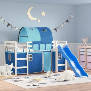 vidaXL Kinderhoogslaper met tunnel 90x190 cm massief grenenhout blauw