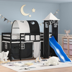 vidaXL Kinderhoogslaper met toren 90x190 cm grenenhout wit en zwart