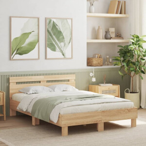 vidaXL Bedframe met hoofdeinde bewerkt hout sonoma eiken 135x190 cm