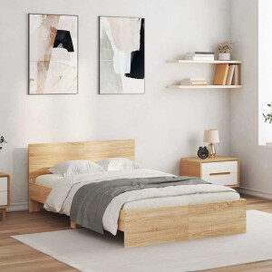vidaXL Bedframe met hoofdeinde en LED sonoma eikenkleurig 135x190 cm