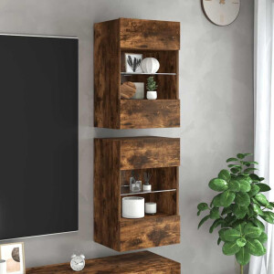 vidaXL Wandkasten met LED-verlichting voor tv 2 st 40x30x60,5 cm gerookt eikenkleurig