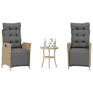 vidaXL 3-delige Bistroset met kussens poly rattan gemengd beige