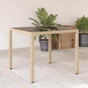 vidaXL Tuintafel met glazen blad 90x90x75 cm poly rattan beige