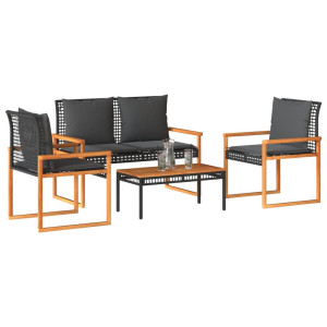 vidaXL 4-delige Loungeset met kussens poly rattan zwart